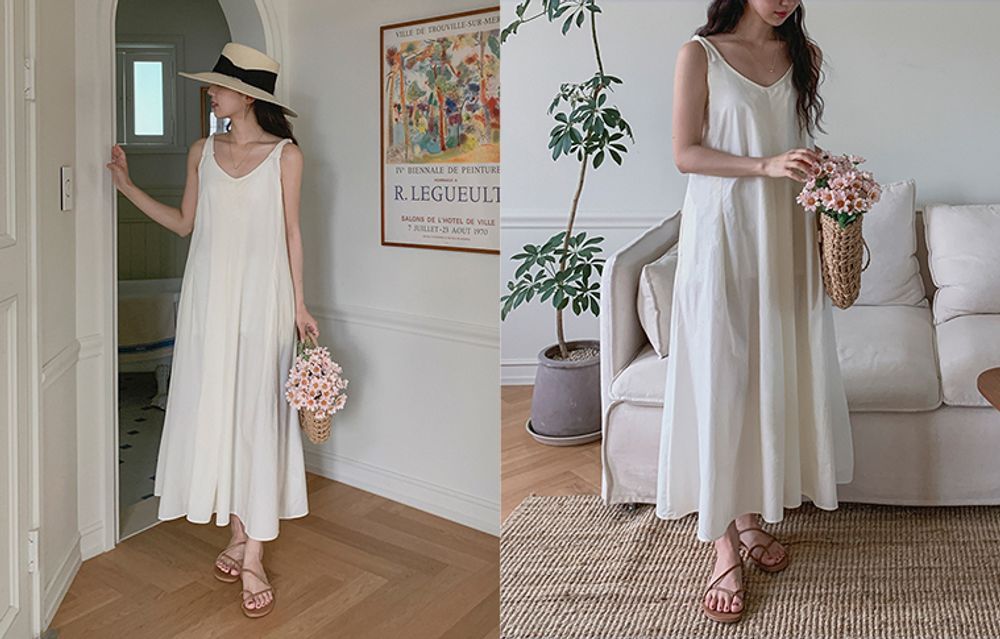 無地 Vネック コットン ベーシック ロング キャミワンピース