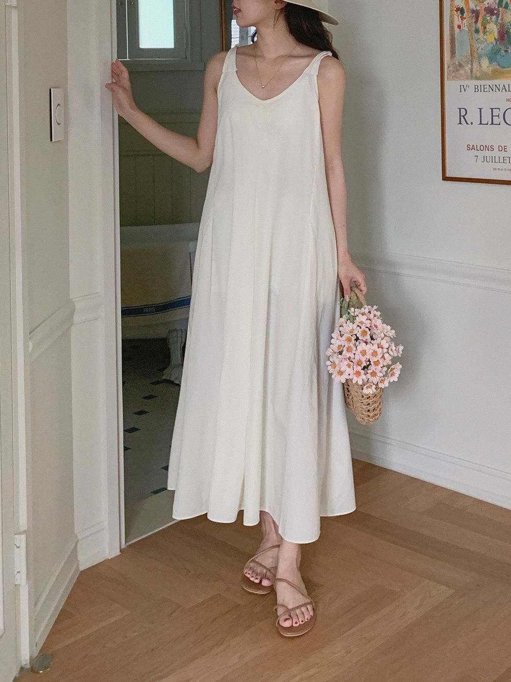 無地 Vネック コットン ベーシック ロング キャミワンピース