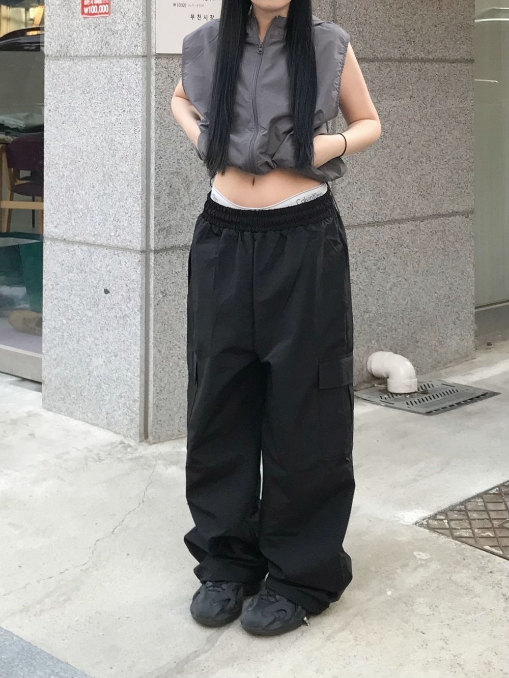 無地 ローライズ ナイロン ベーシック ワイド カーゴパンツ